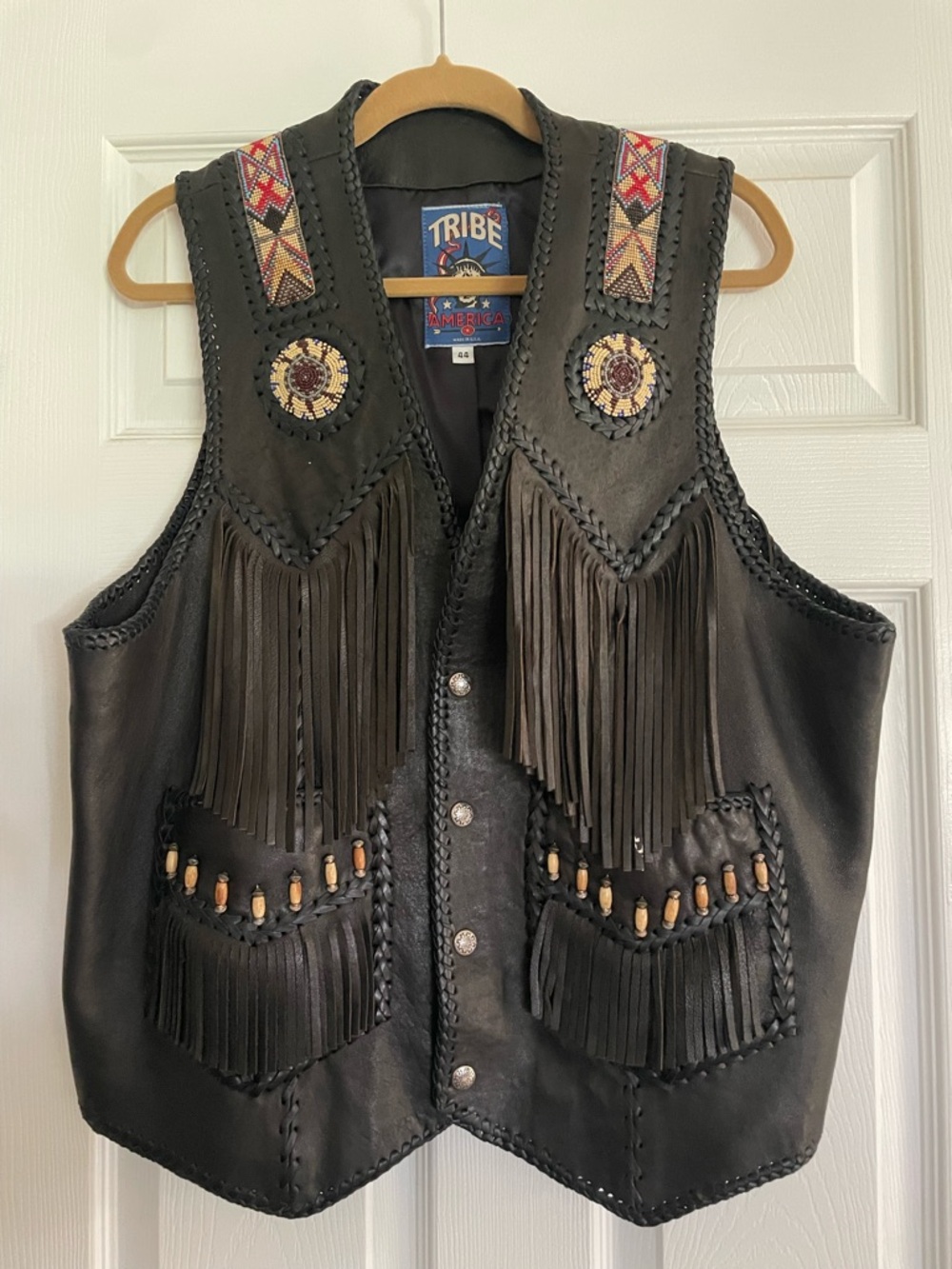 TRIBE Black Leather Fringe Vest with Beaded Accents
